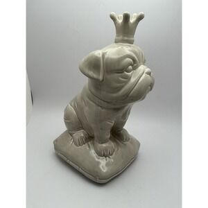 Ceramic British Bulldog with Crown Sitting On A Cushion, Glossy, Light Gray